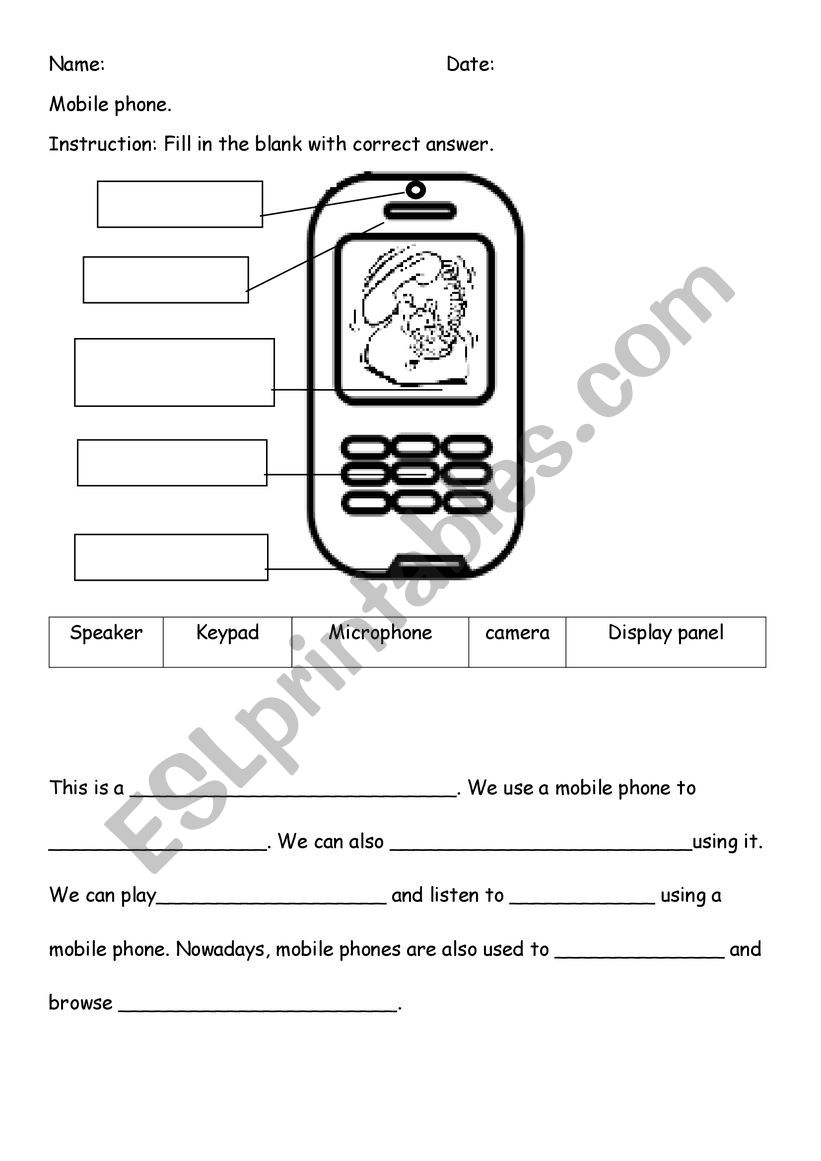 parts of mobile phone worksheet