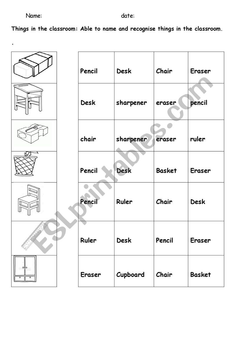 Things in the classroom worksheet