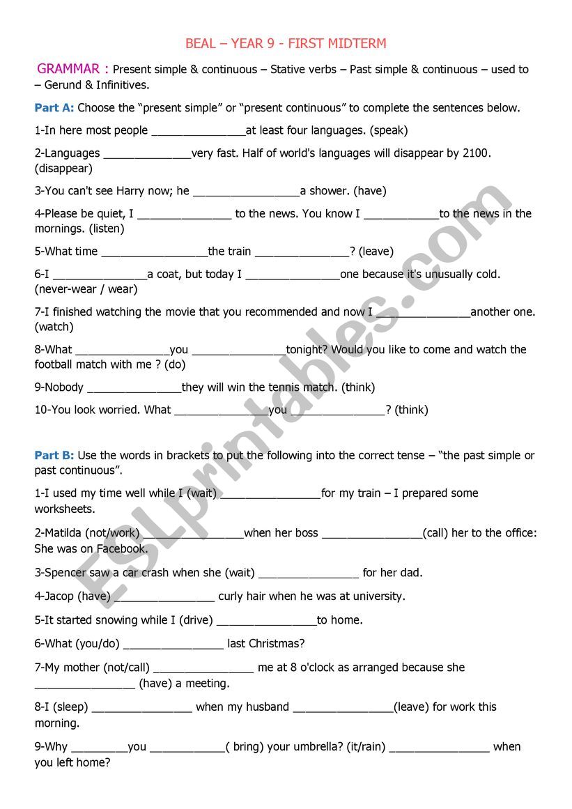 Mid-term Year 9  worksheet