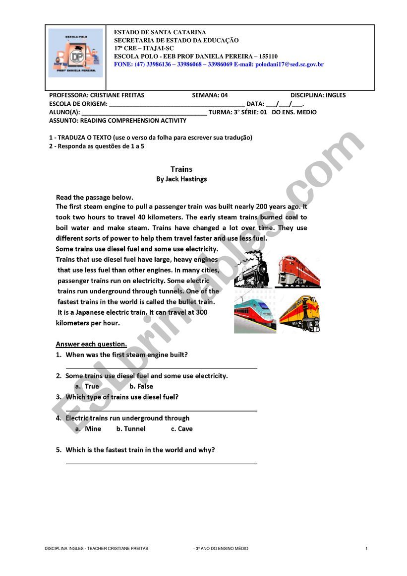 TRAINS READING ACTIVITY worksheet