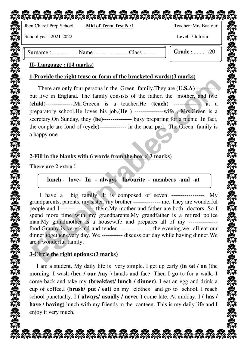 Mid of term test n 1 worksheet