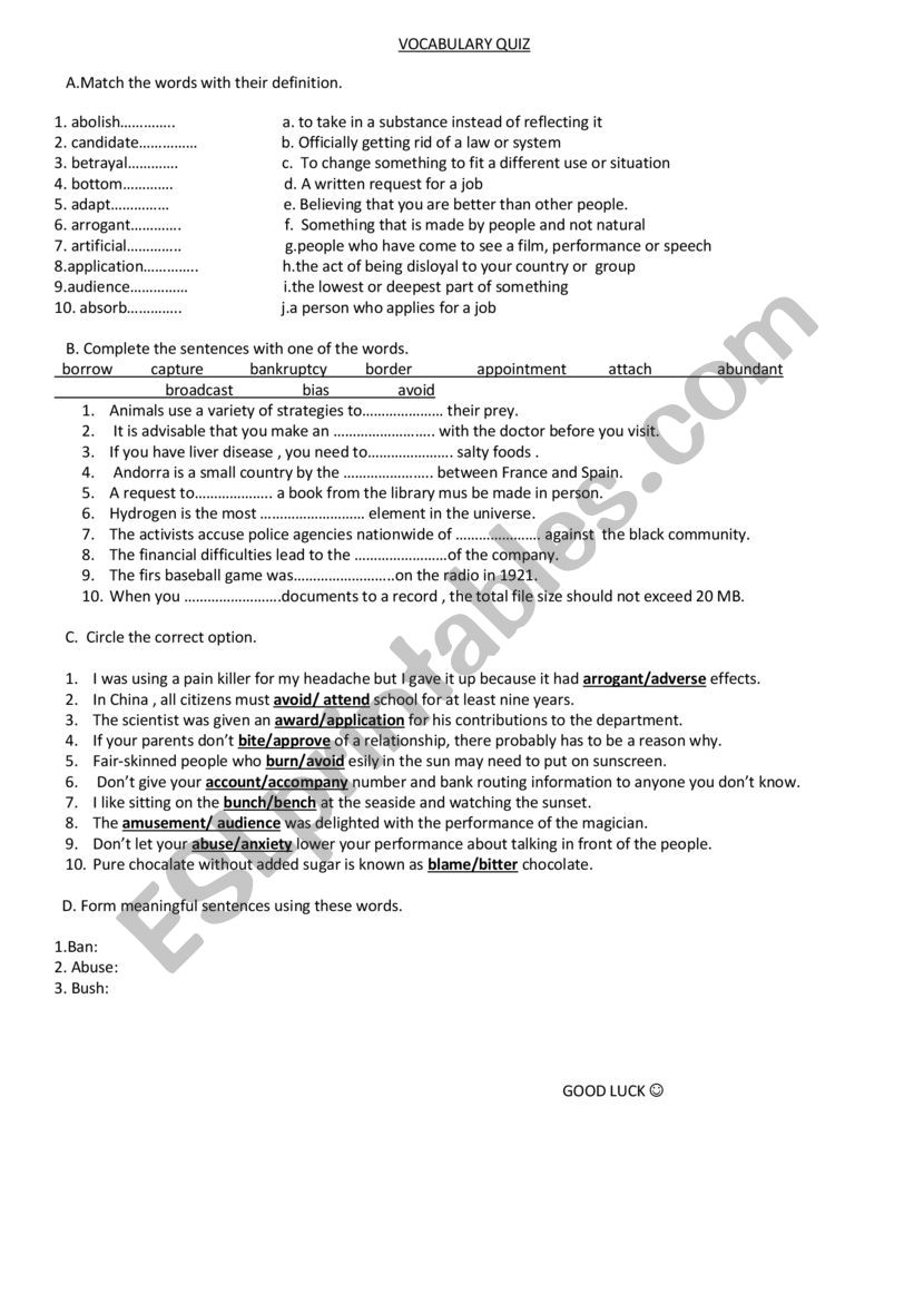 VOCABULARY QUIZ worksheet