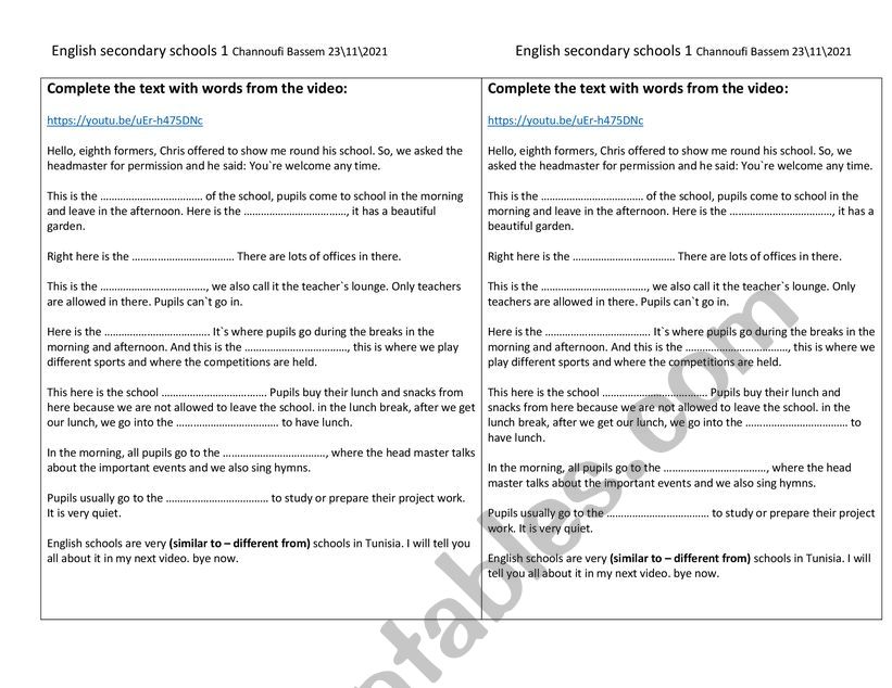 english secondary schools 1 worksheet