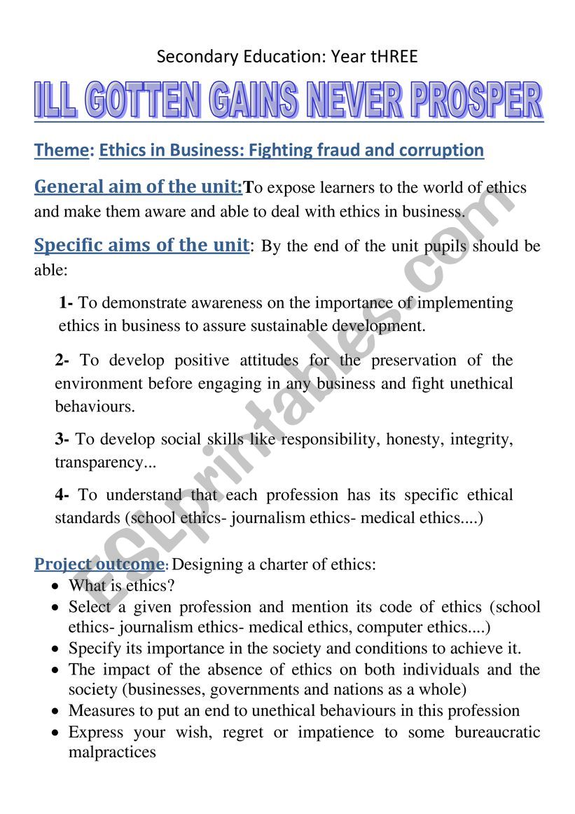 Unit preparation. ethics in business