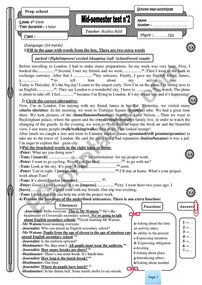 8th form English test worksheet