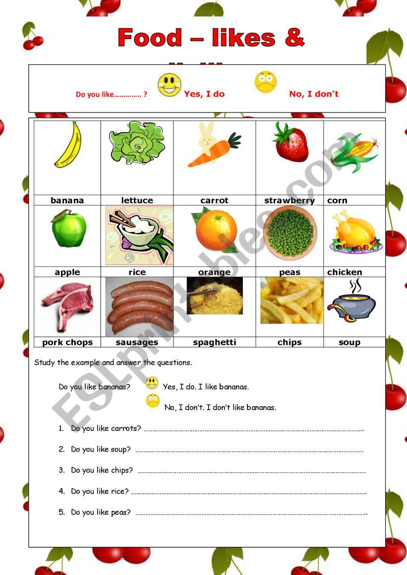 Food likes and dislikes worksheet