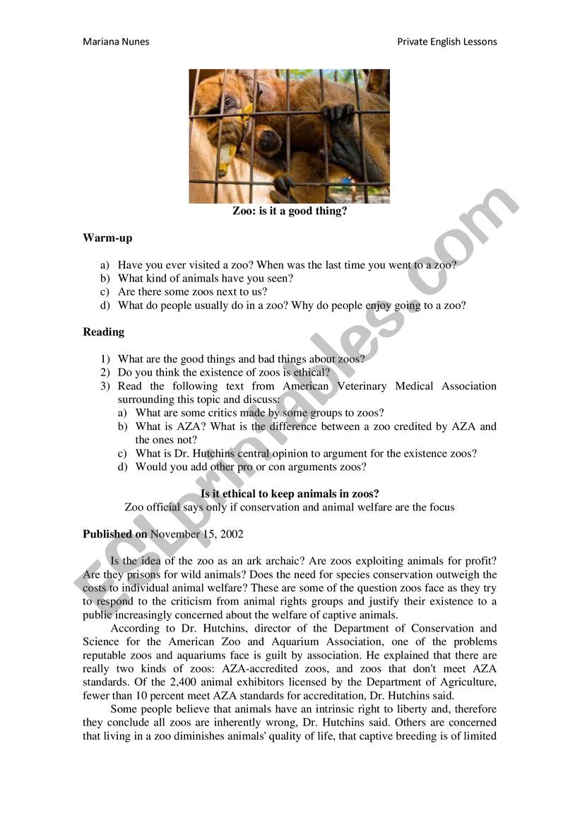 Zoos: are they ethical? worksheet