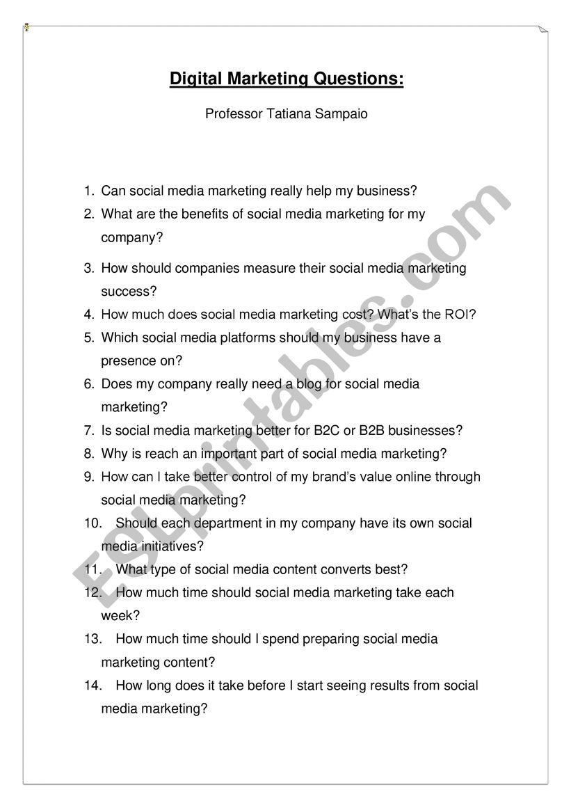 Digital Marketing Questions worksheet