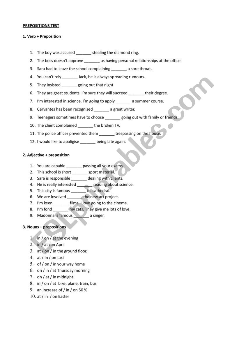 Prepositions Test worksheet