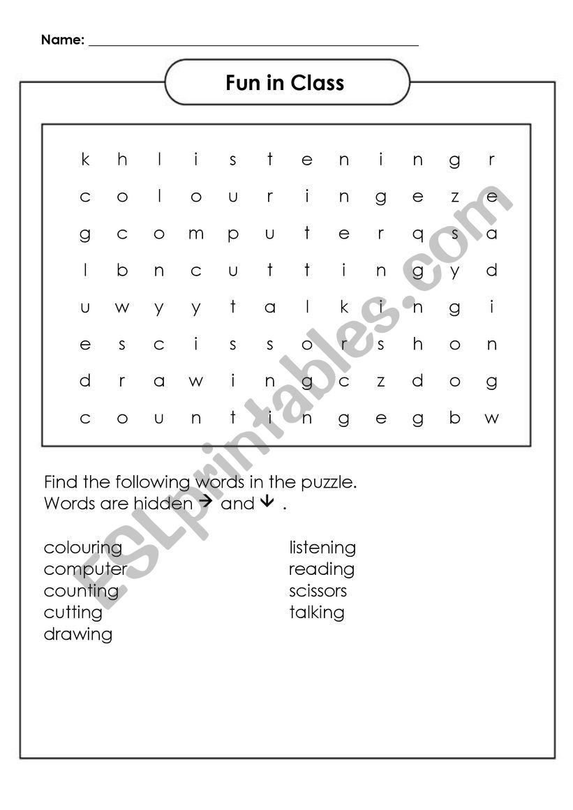 Wordsearch Fun In the Class worksheet