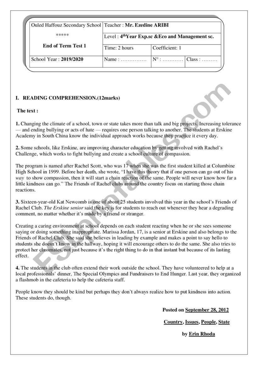 end of term test 1 bac worksheet