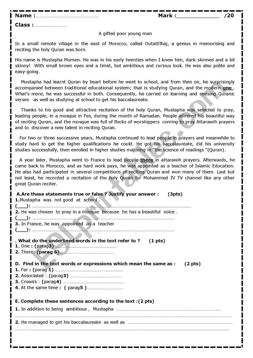a gifted poor young man worksheet