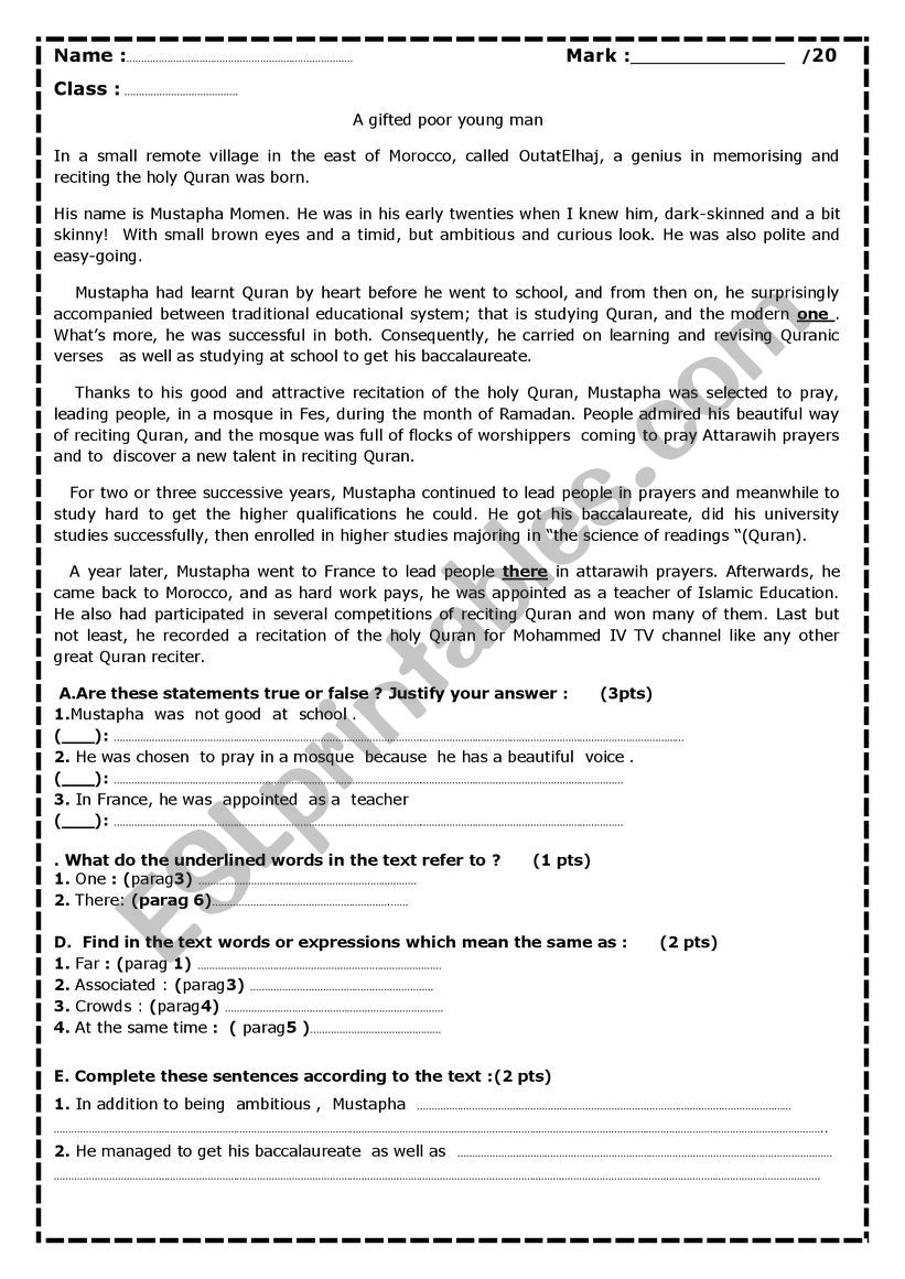 a gifted poor young man worksheet
