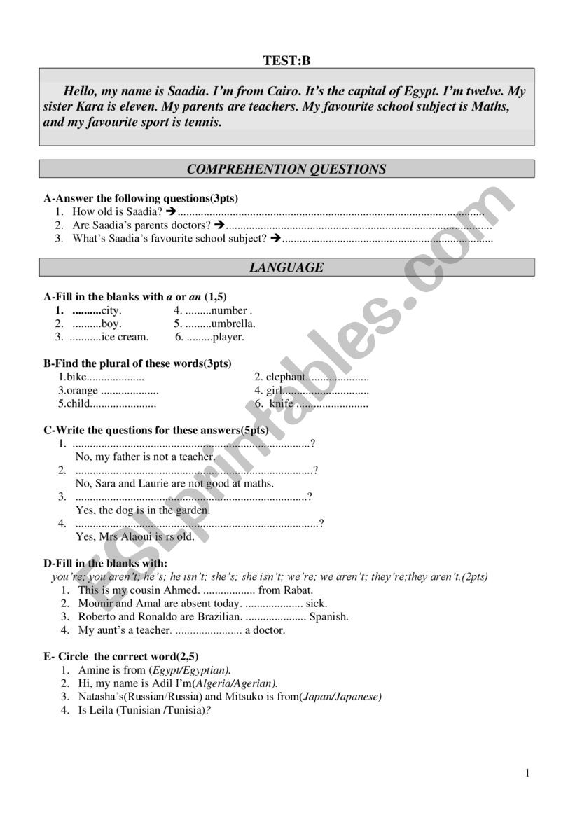 test for beginners worksheet