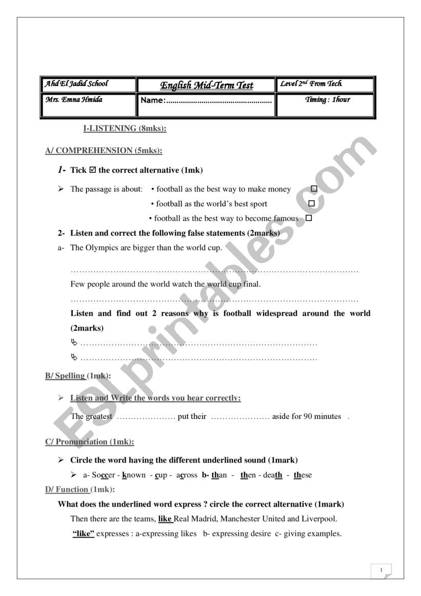 2nd form Tests worksheet