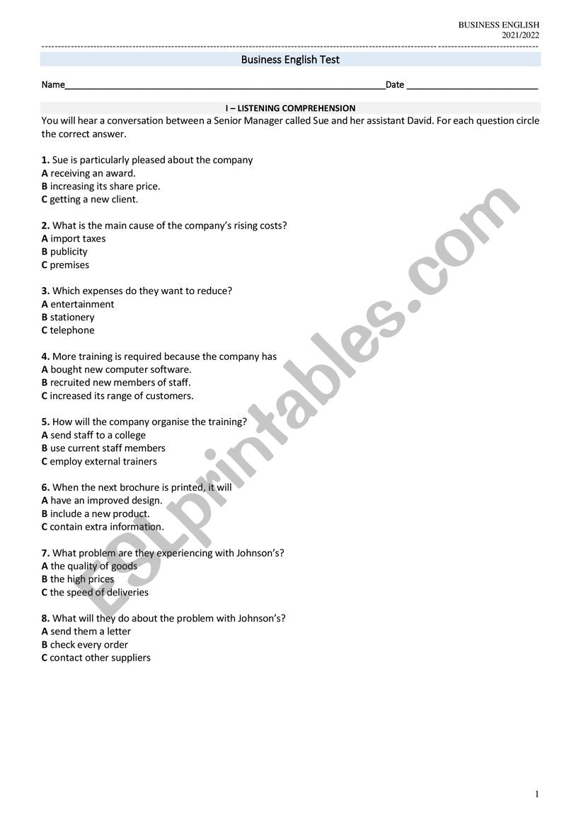 Business English Test worksheet