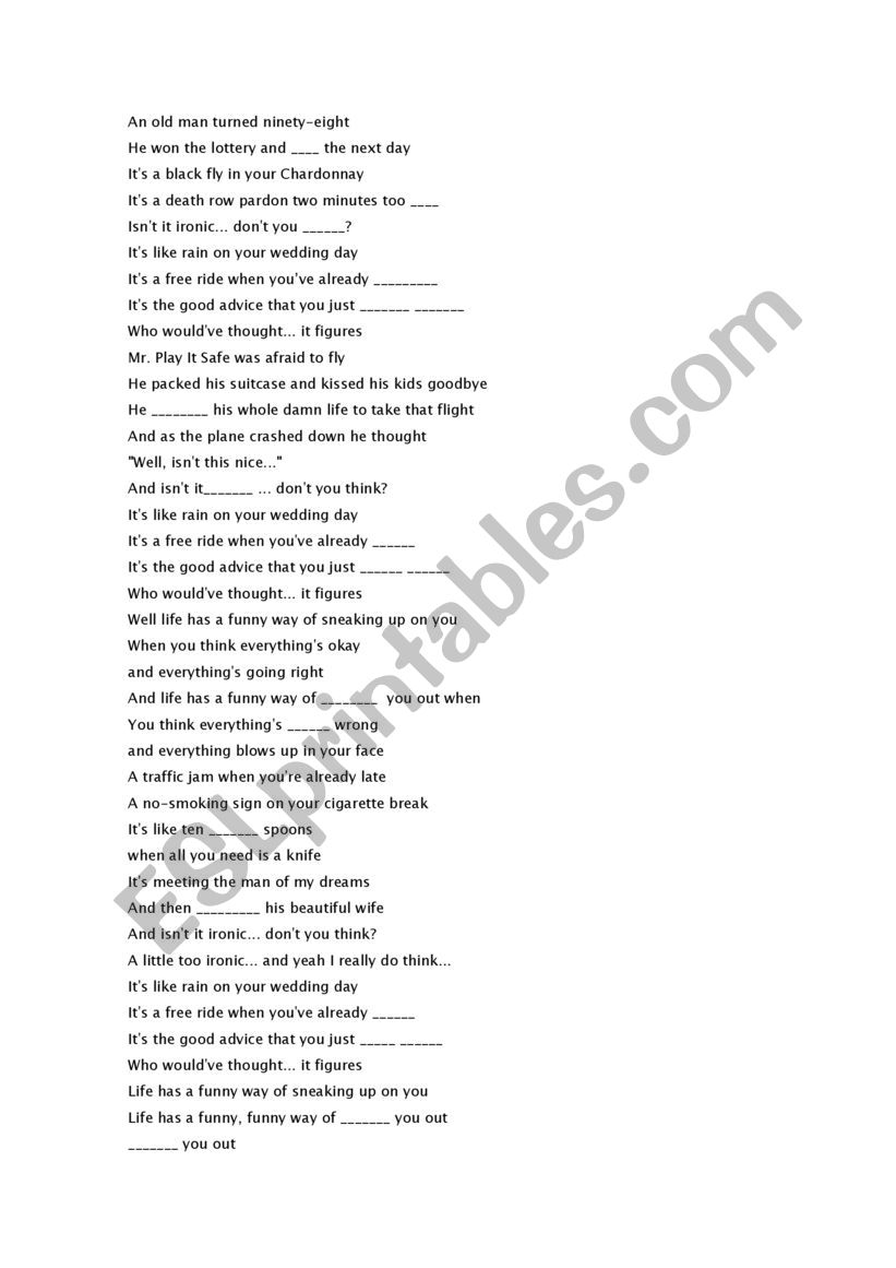 Alanis Moirssete song Ironic worksheet