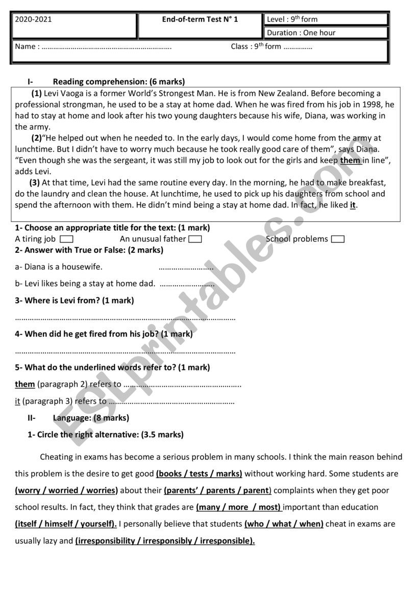 End-of-term test 1 (9th form) worksheet