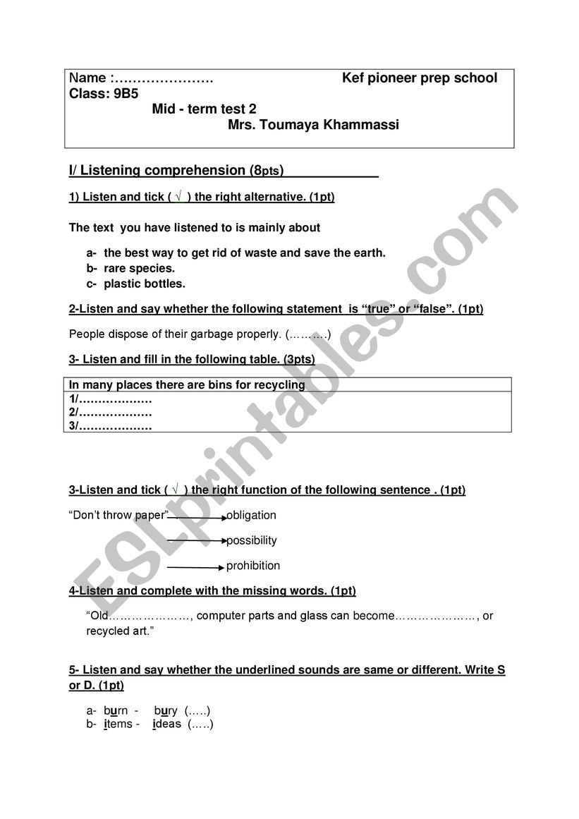 Mid-term test 2 9th formers worksheet