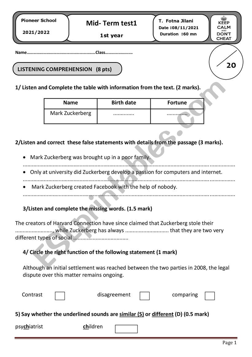 listening test worksheet