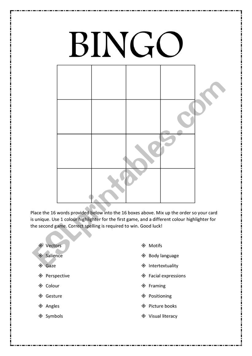 Visual Literacy Terminology Bingo 4x4 Grid