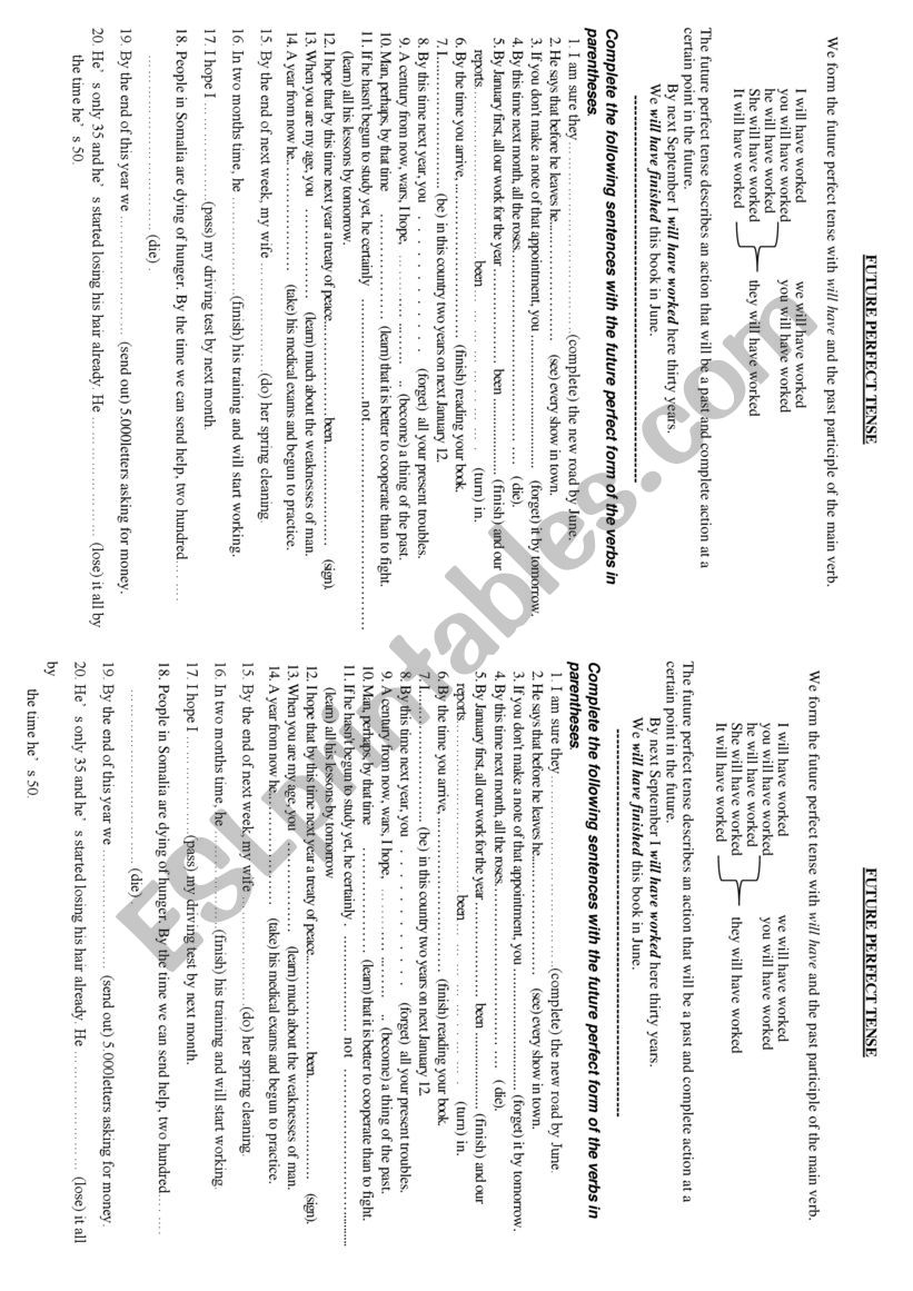 The future perfect tense worksheet