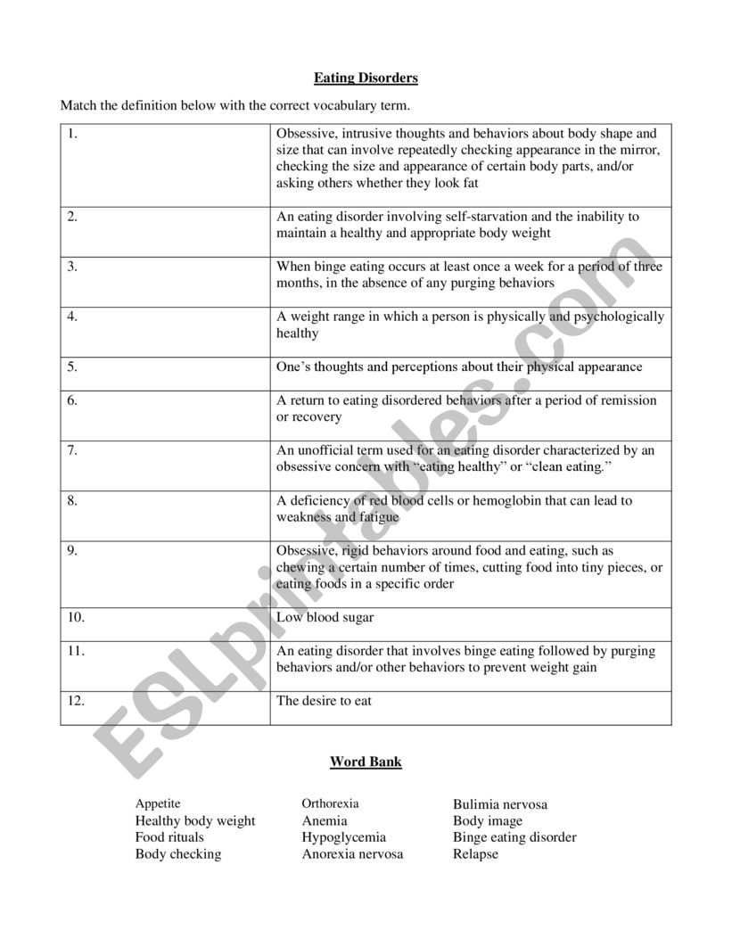 Eating disorders vocabulary worksheet