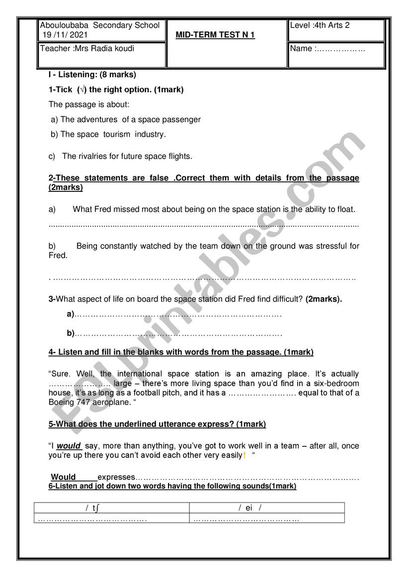 Mid - term test 1 ; 4th form worksheet