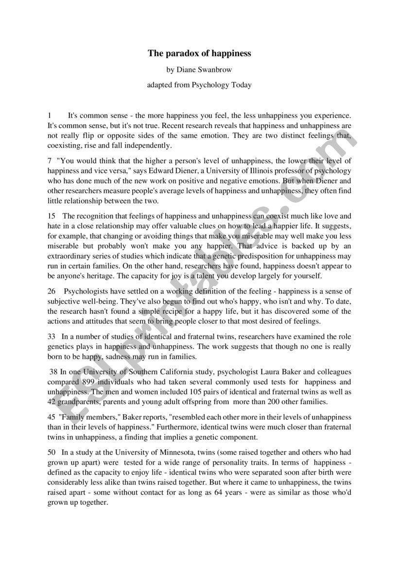 The Paradox of Happiness worksheet