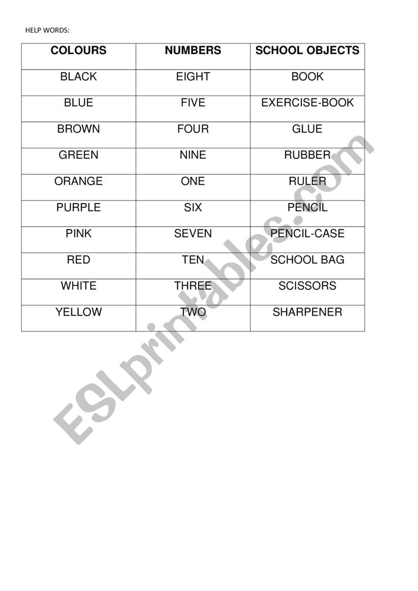 School objects, numbers and colours