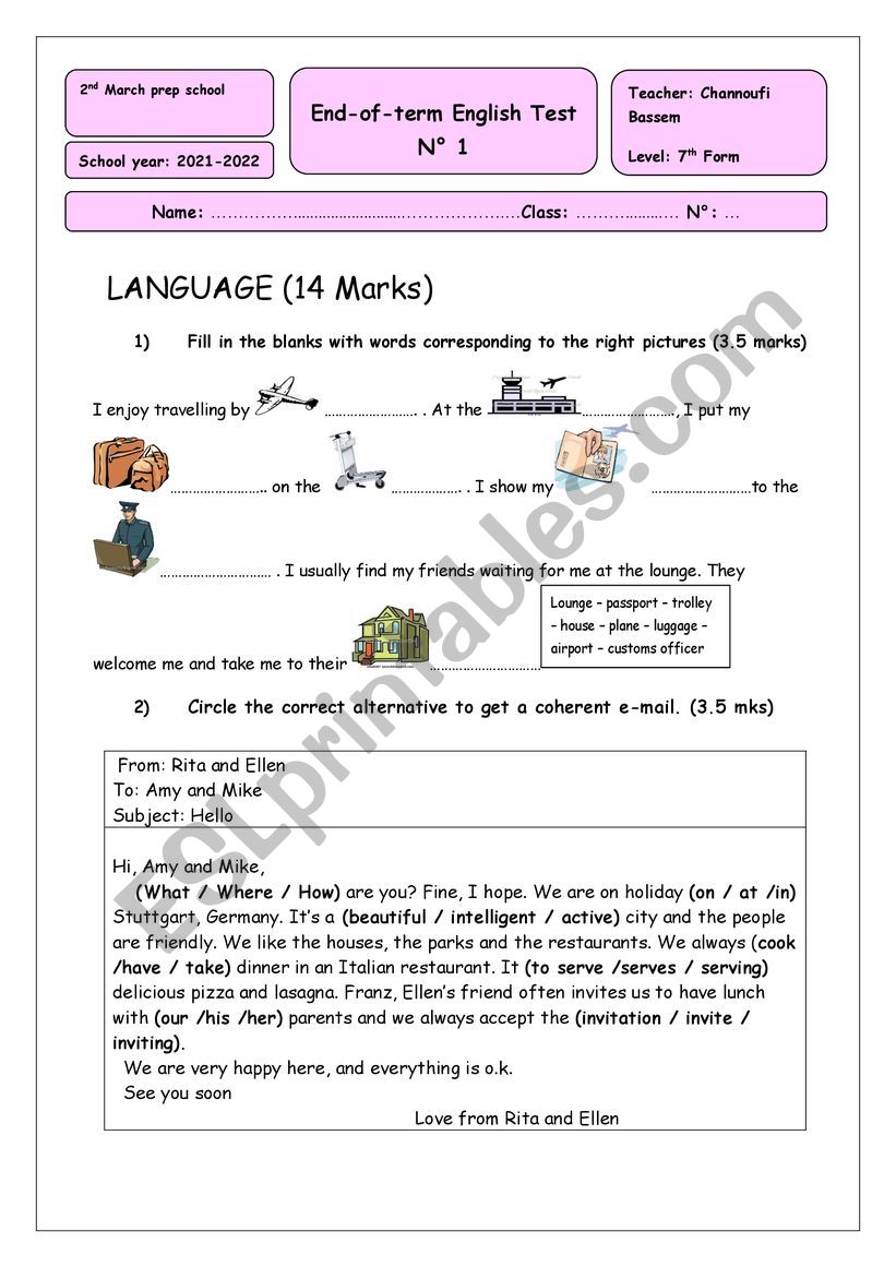 7th form final test 1 worksheet