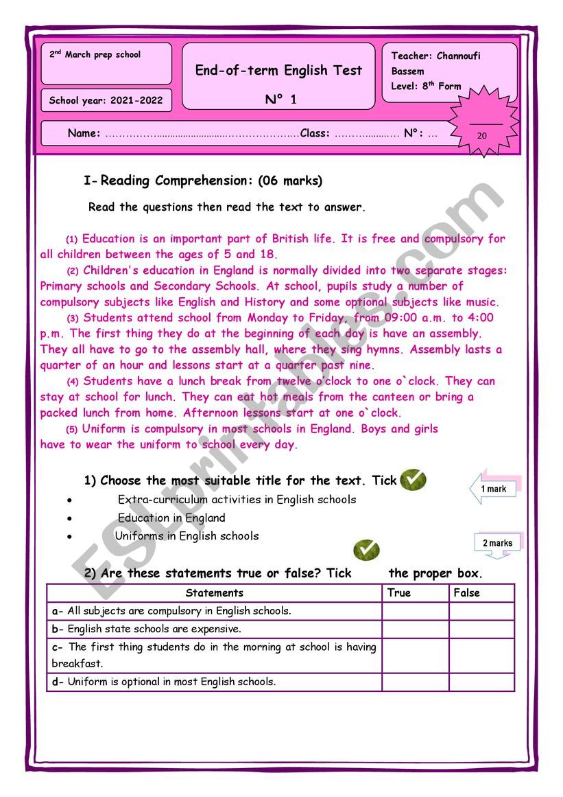 8th form final test N:1 worksheet