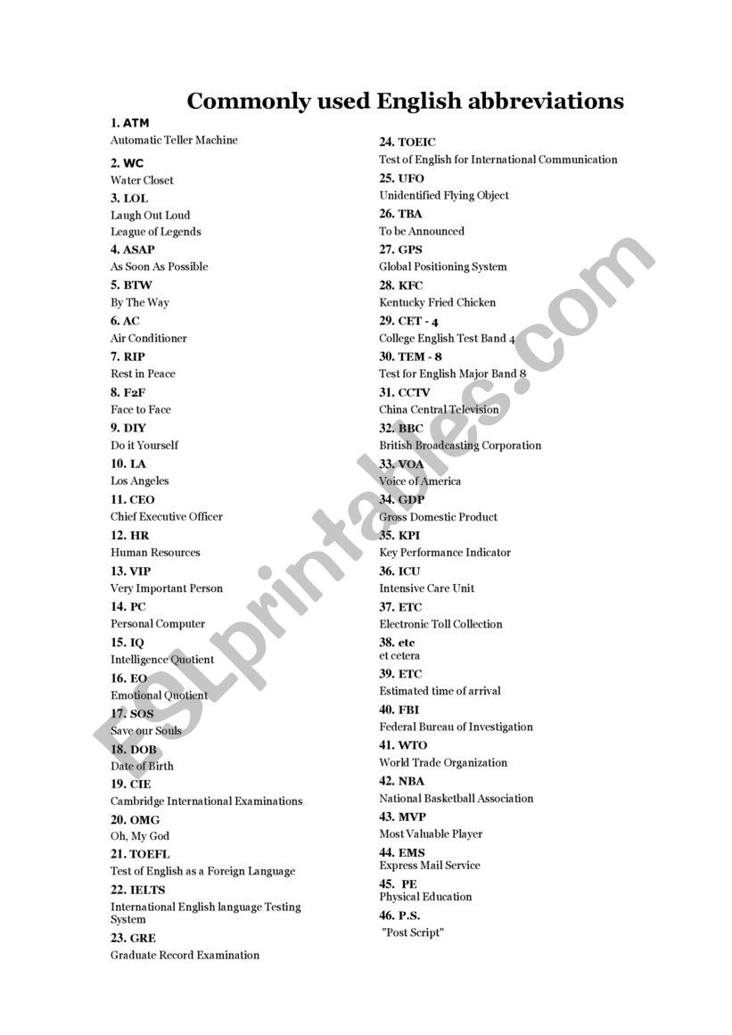 English abbreviation worksheet