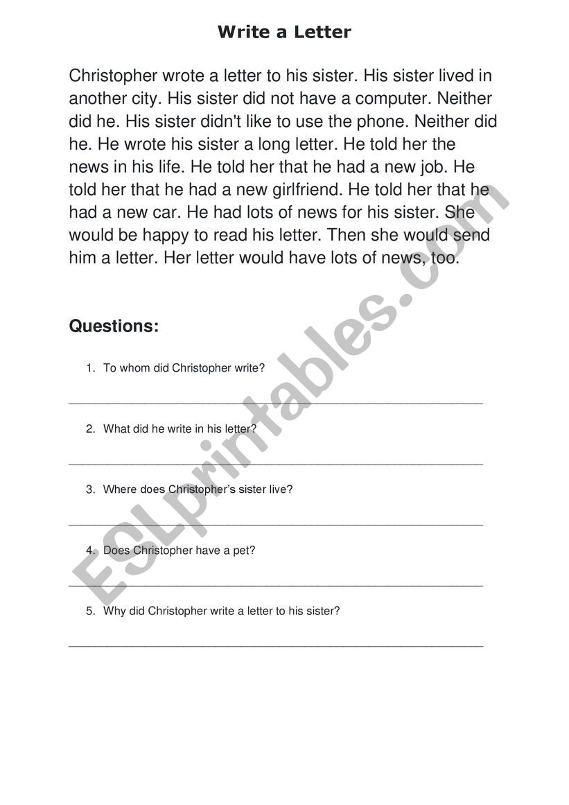 Reading Comprehension: Write a letter