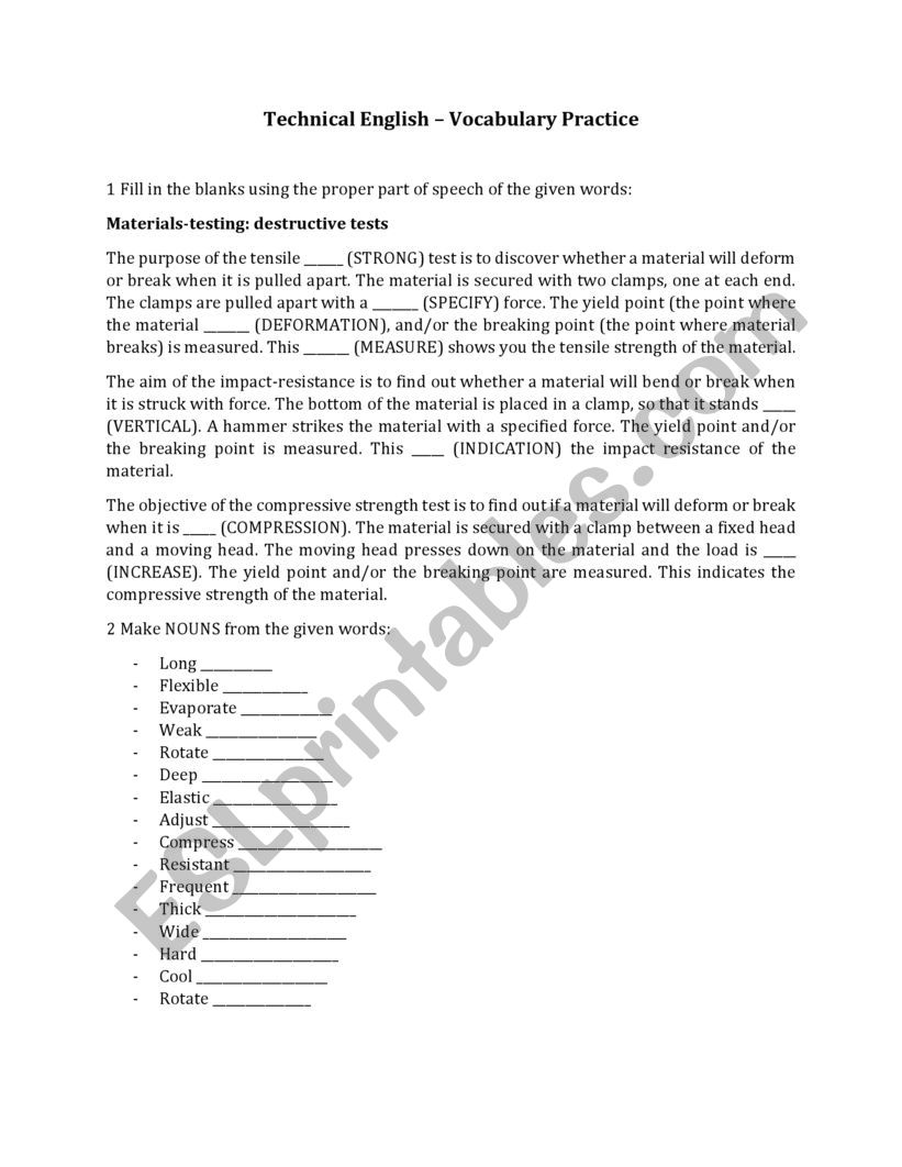 Technical English, Vocabulary practice with KEY