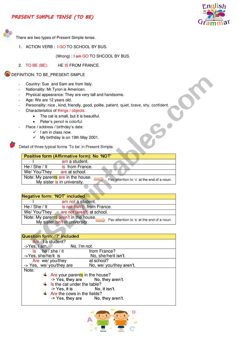 TO BE: PRESENT SIMPLE TENSE worksheet