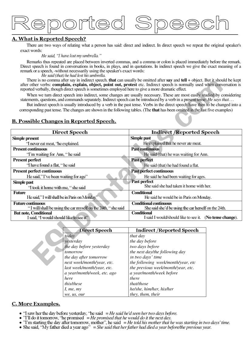 REPORTED SPEECH worksheet