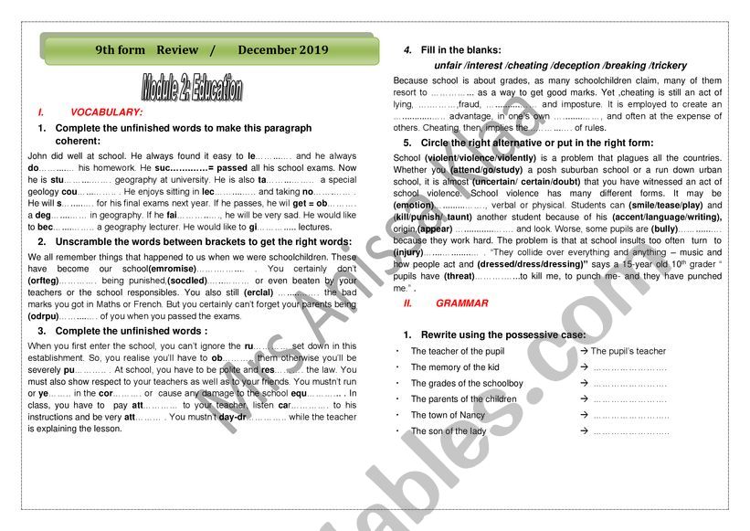 9th form review worksheet