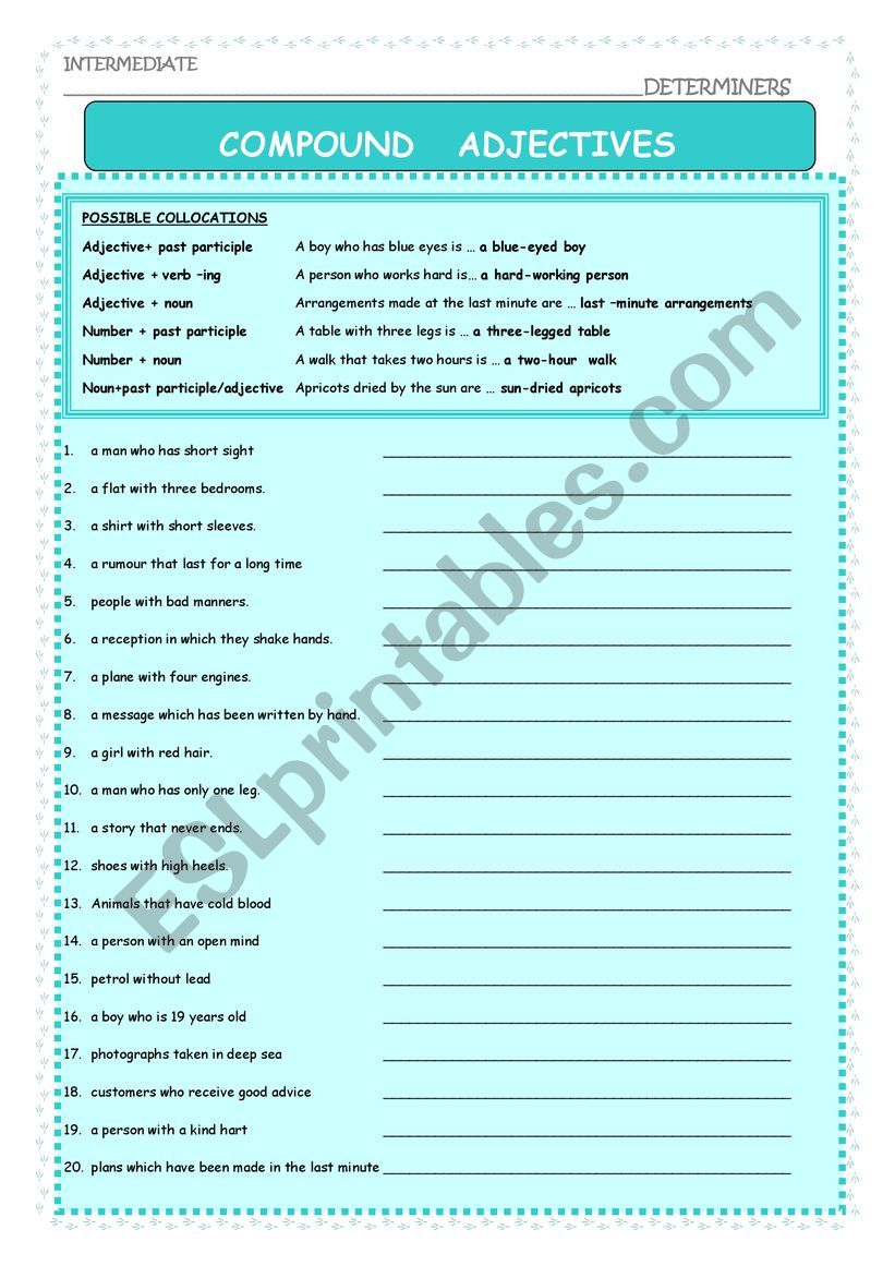 Compound adjectives exercise worksheet