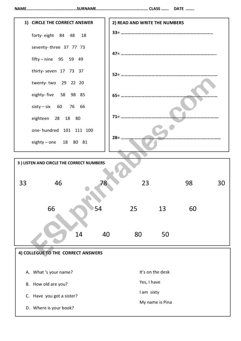 TEST NUMBERS 1-100 worksheet