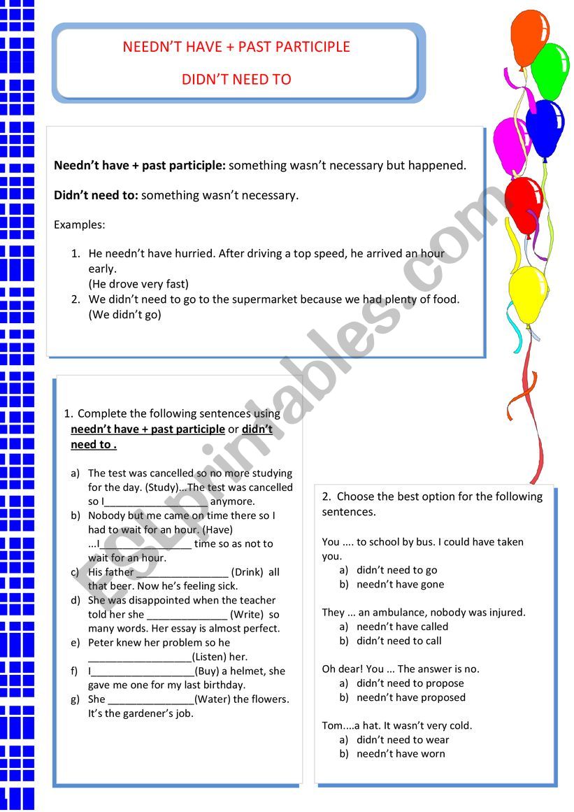 NEEDNÃ¯Â¿Â½T HAVE + PAST PARTICIPLE OR DIDNÃ¯Â¿Â½T NEED TO