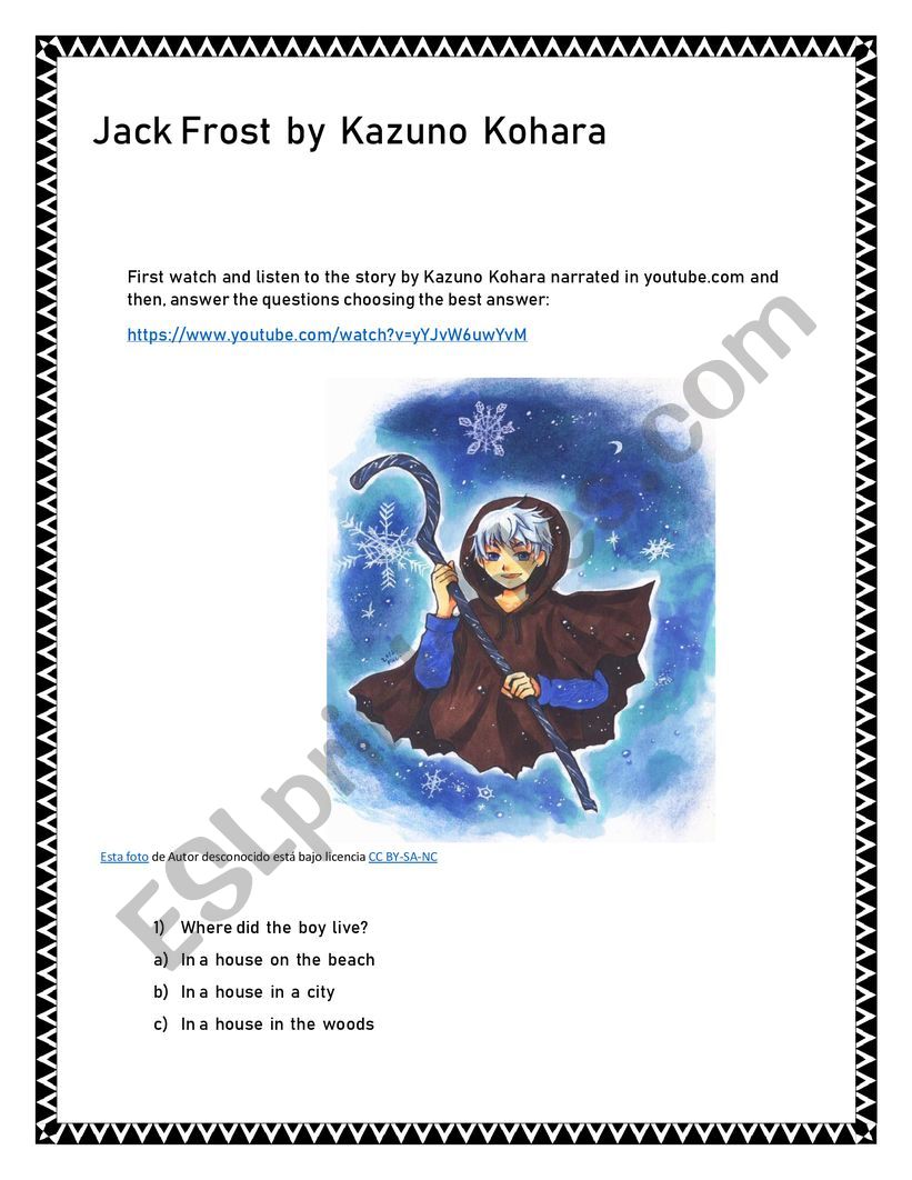 Jack Frost story by Kazuno Kohara EASY reading comprehension sheet
