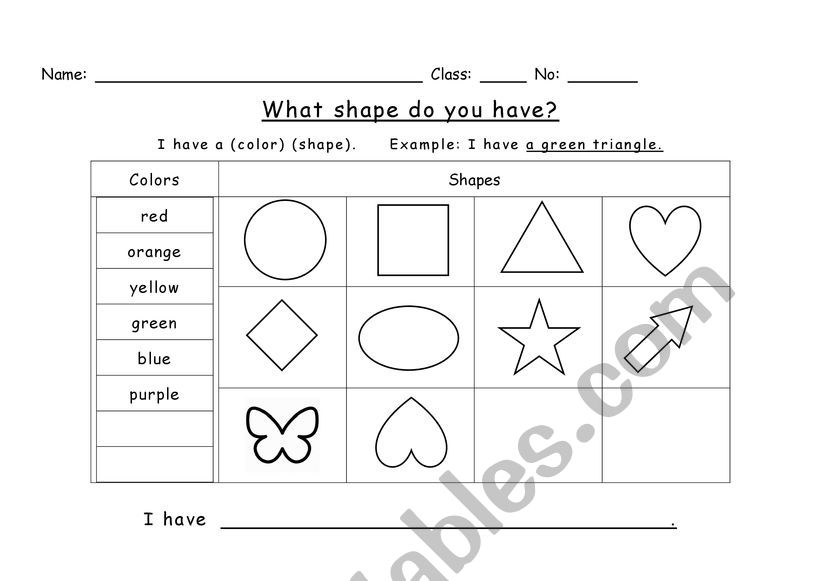 I have a/an (color, shape) worksheet