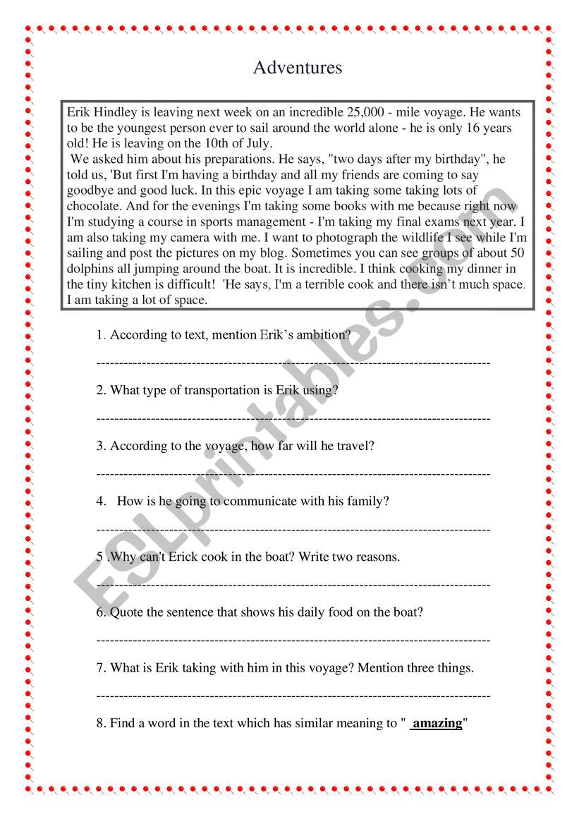 Adventure Diary worksheet