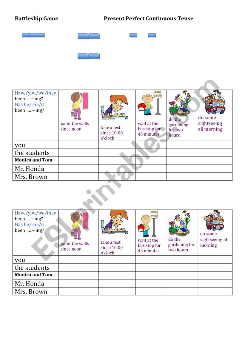 Present Perfect Progressive Tense Battleship Game