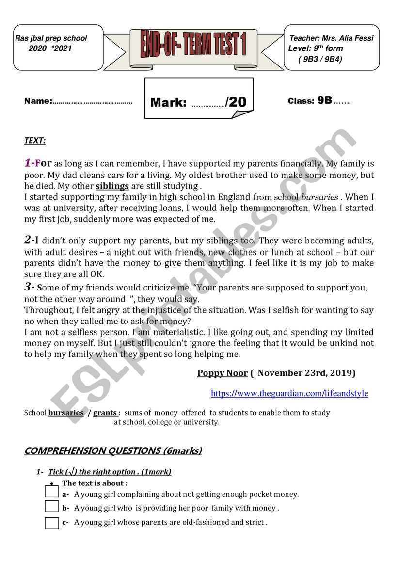 9TH FORM END OF TERM TEST 1  worksheet