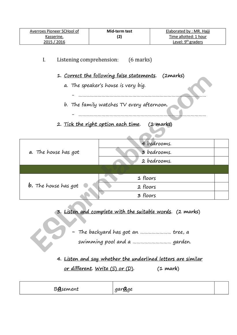 test  for 9TH FORMERS worksheet