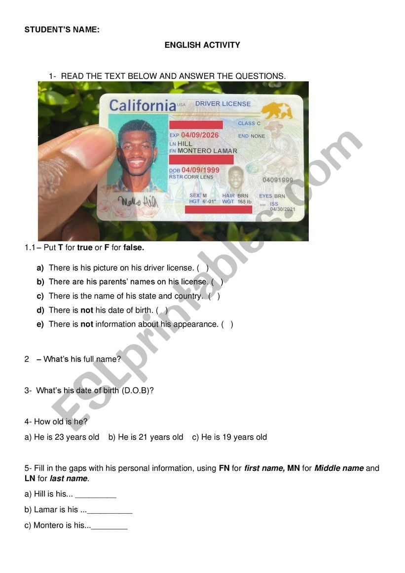 Lil Nas X driver�s license worksheet