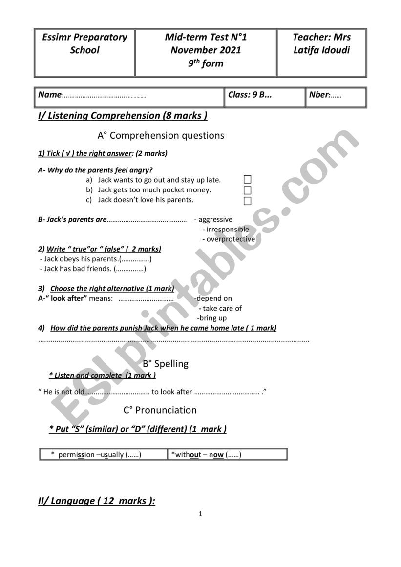 mid-term test 1  worksheet