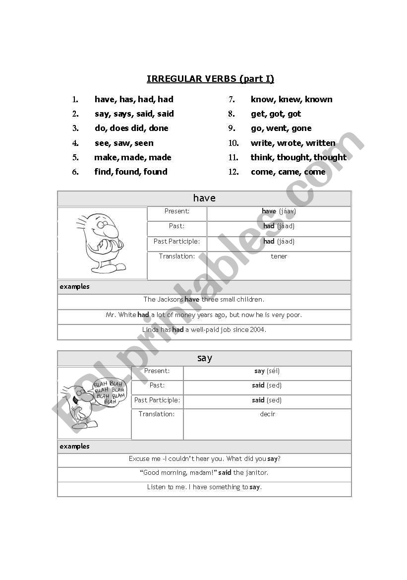 irregular verbs part 1 worksheet